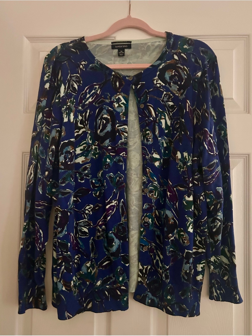 Lands' End Blue Floral Button-Front Cardigan